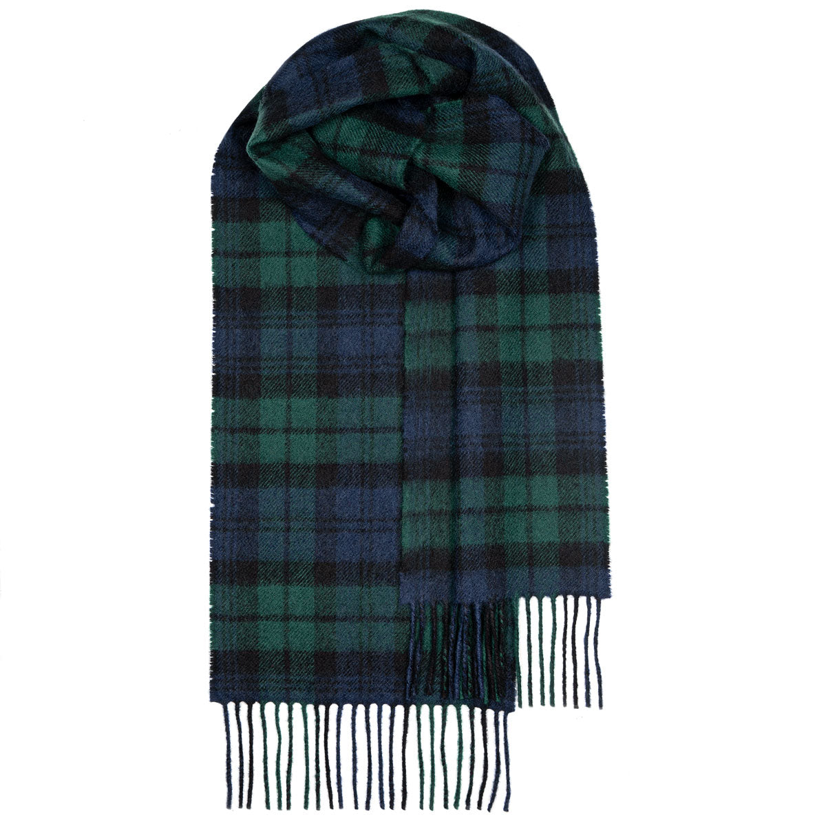 Green and navy blue plaid wool scarf with fringed edges.