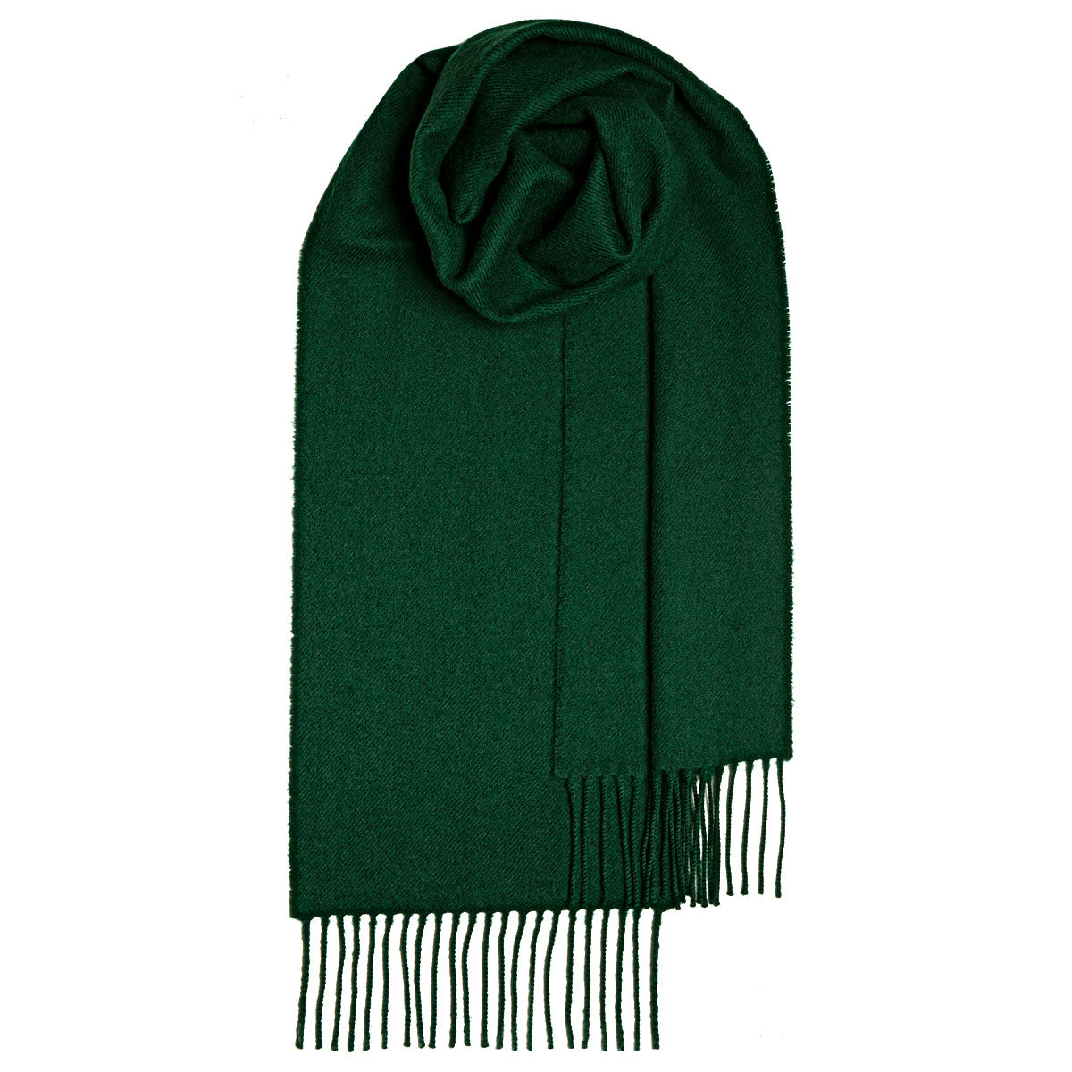 Dark green wool scarf with fringed edges, loosely folded.
