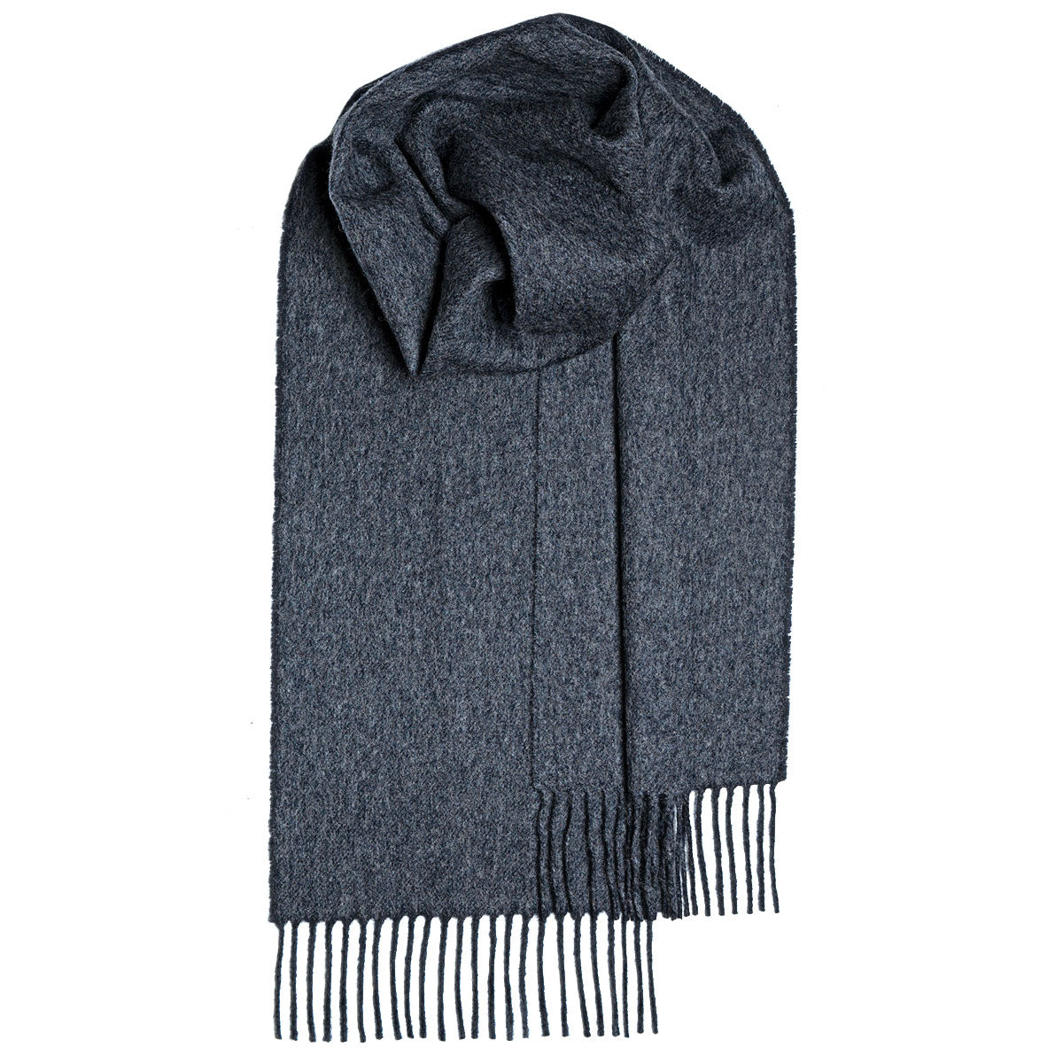 Dark gray wool scarf with fringed edges, folded and displayed against a white background.