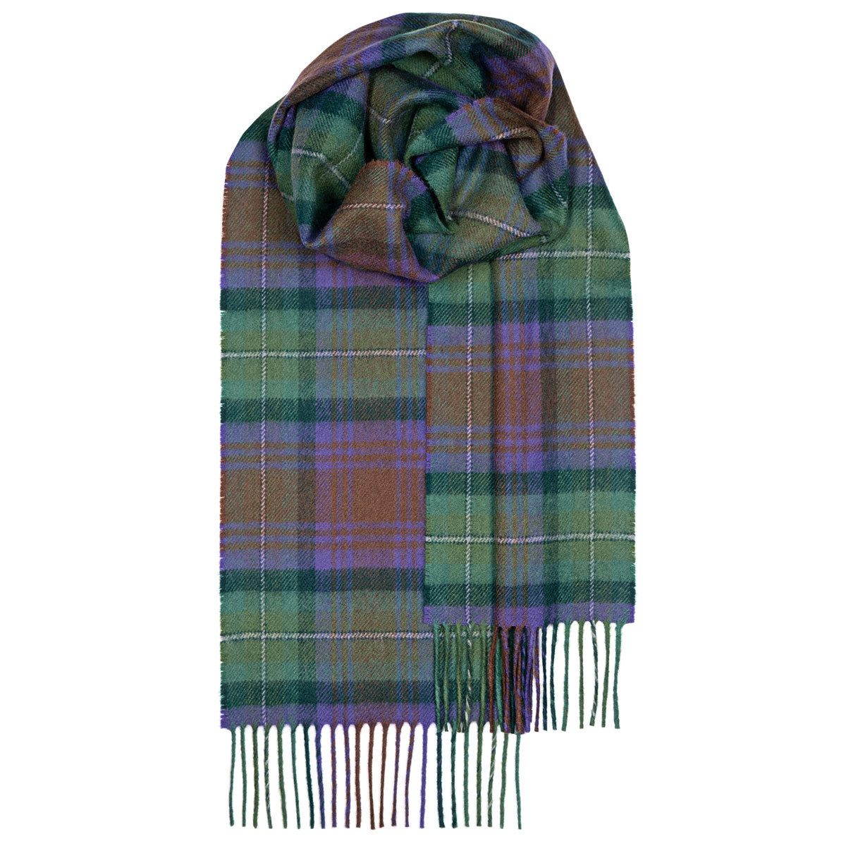 Green and purple plaid wool scarf with fringed edges.