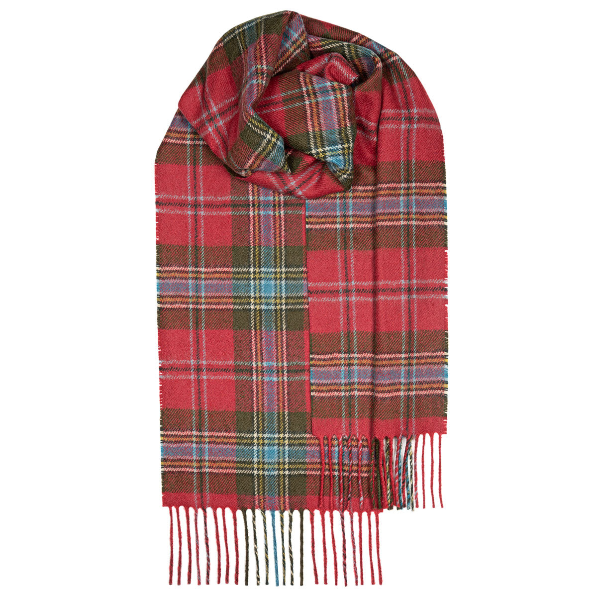 Red and green plaid wool scarf with fringed edges.