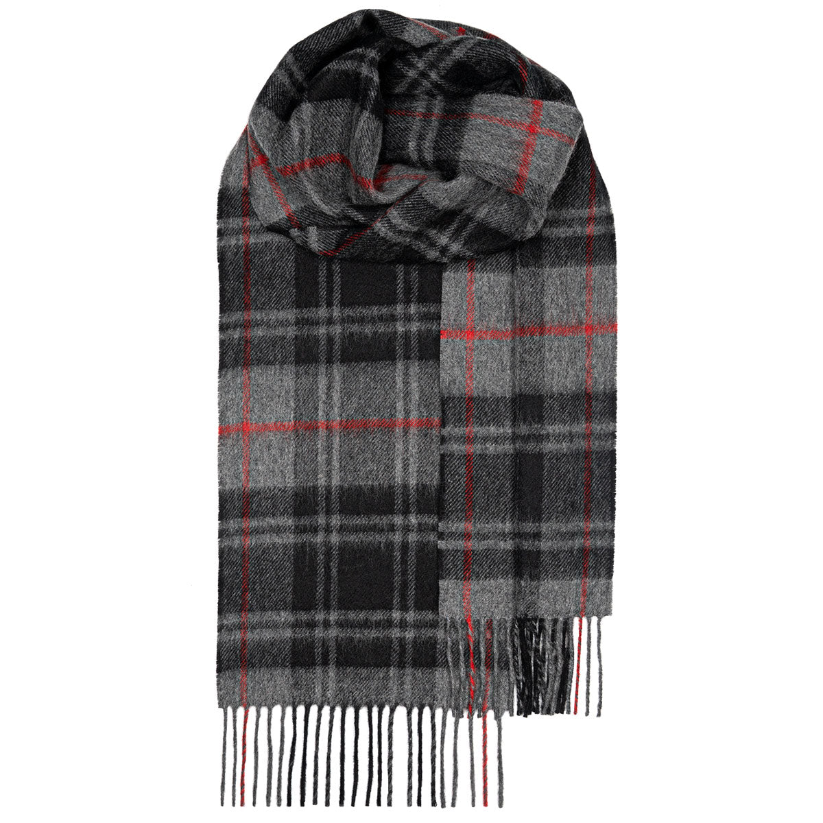 Grey and black plaid wool scarf with red accents and fringed edges.