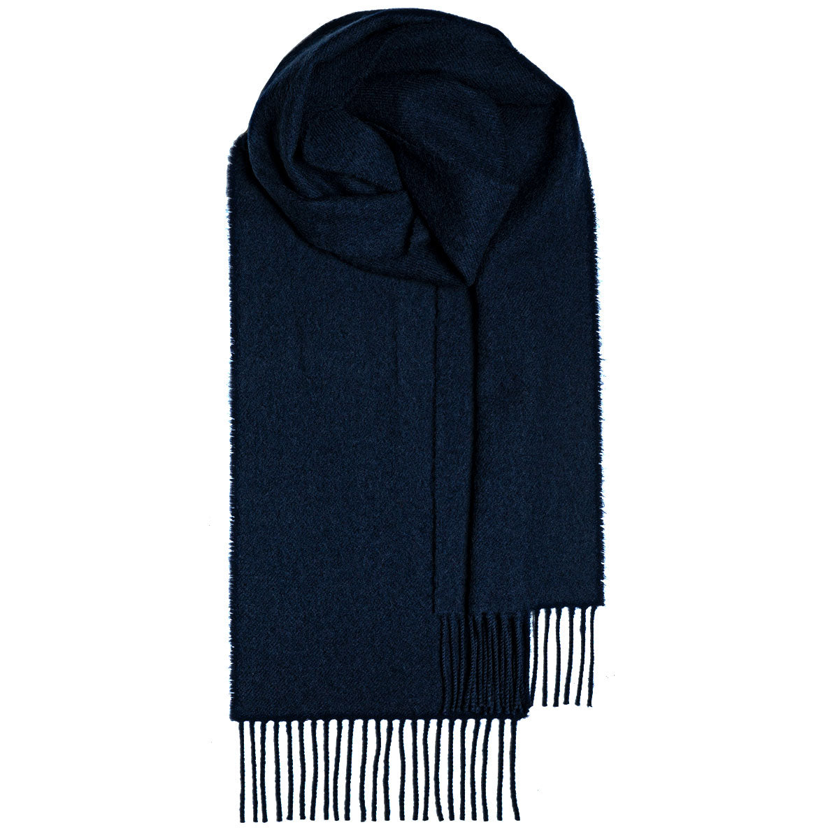Dark blue wool scarf with fringed edges, loosely folded.