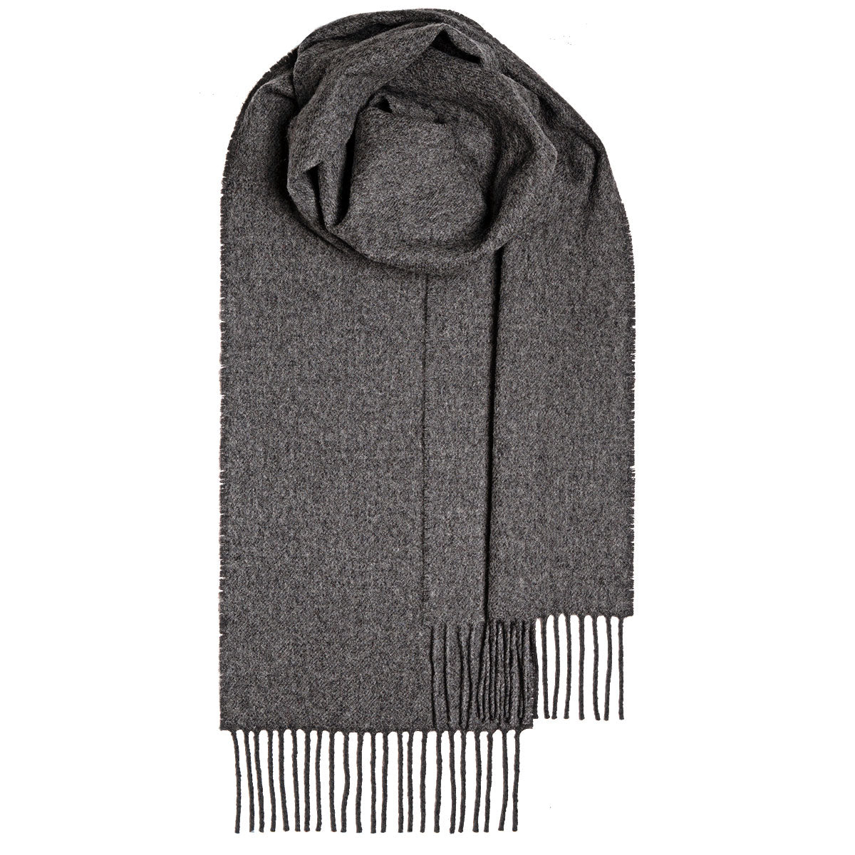 Dark gray wool scarf with fringed edges, loosely folded.