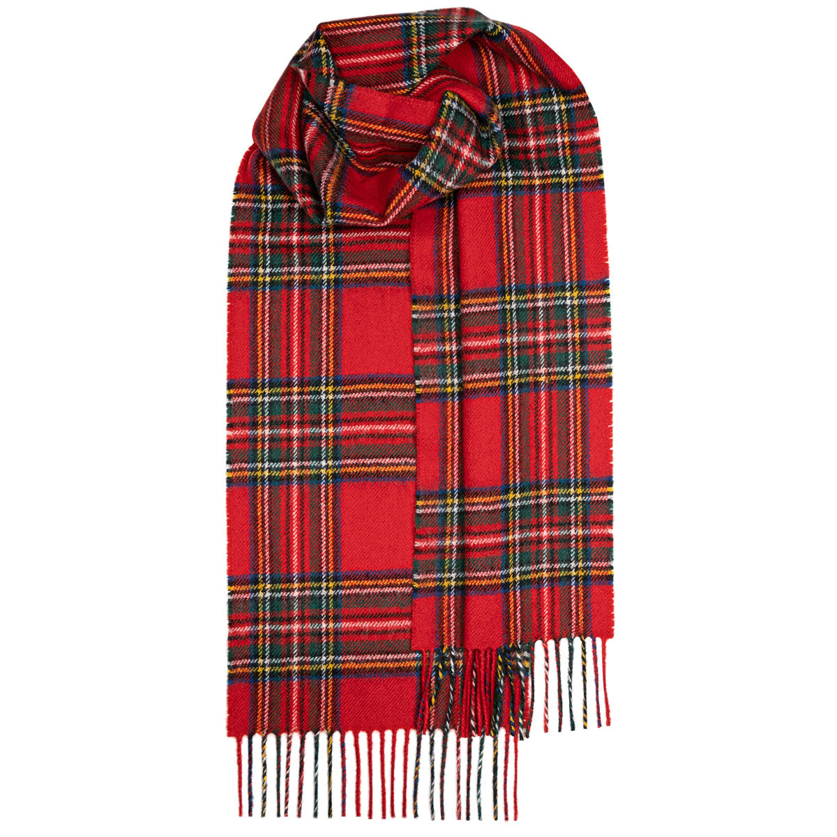 Red and green plaid wool scarf with fringed edges.