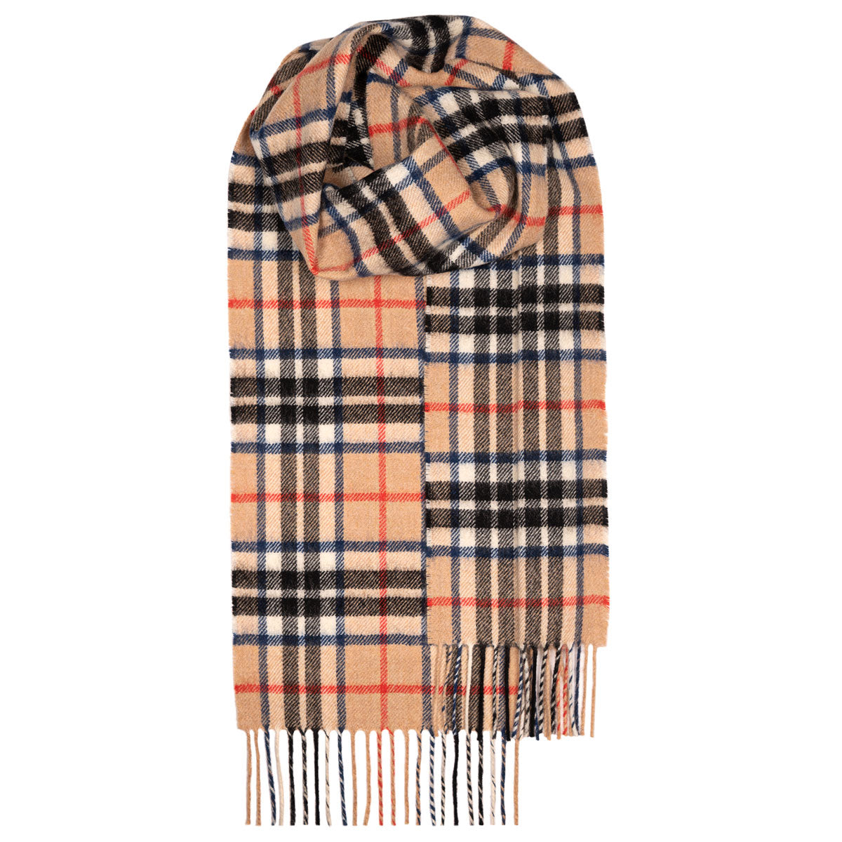 Beige and black plaid wool scarf with fringed edges.