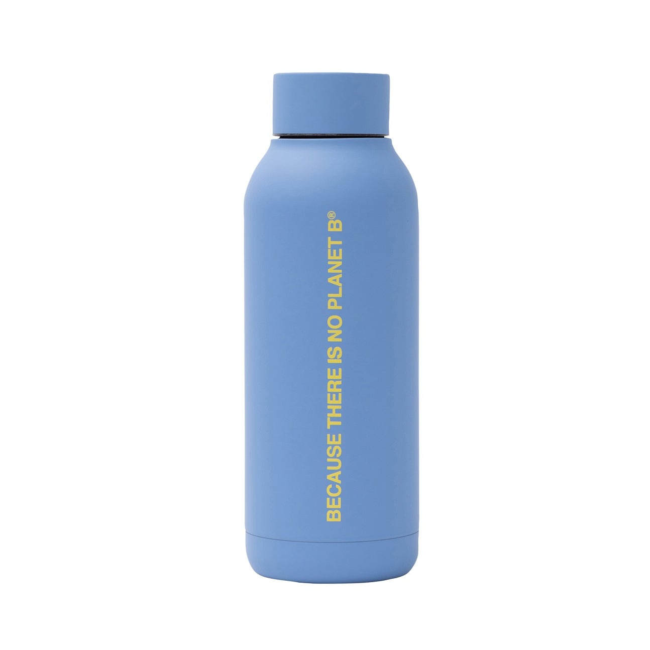 Powder blue reusable water bottle with "BECAUSE THERE IS NO PLANET B" printed vertically.