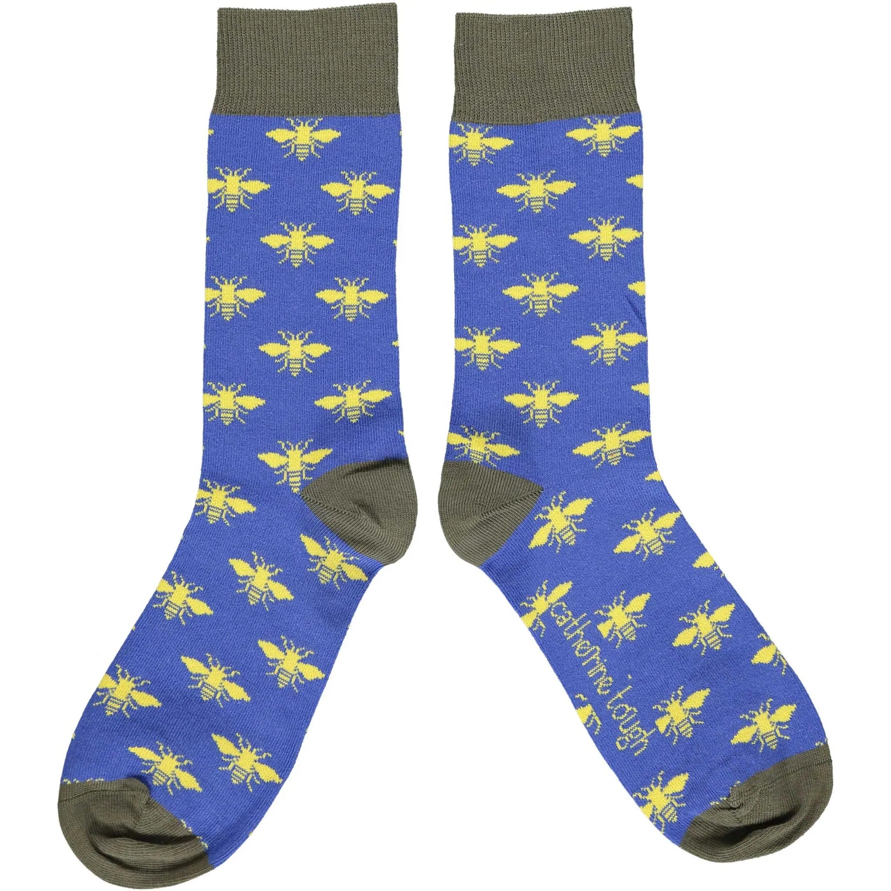 Pair of blue socks with a repeating pattern of yellow bees.  The socks have olive green cuffs.