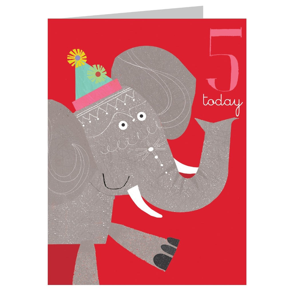 Fifth birthday card featuring a gray elephant wearing a party hat against a red background.