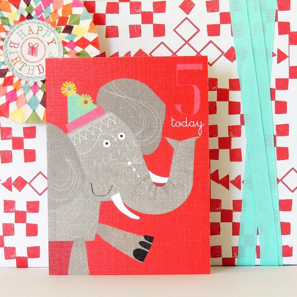 Red fifth birthday card featuring a gray elephant wearing a party hat.