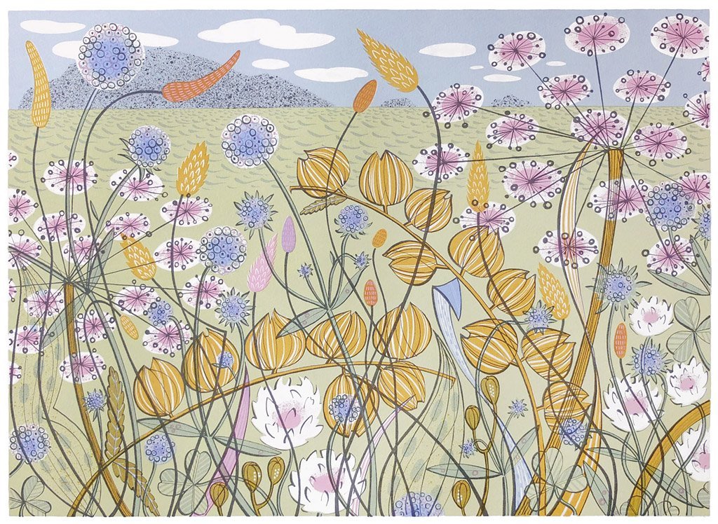 Stylized illustration of a wildflower meadow with various blooms in purple, pink, blue, and gold, set against a pale green
