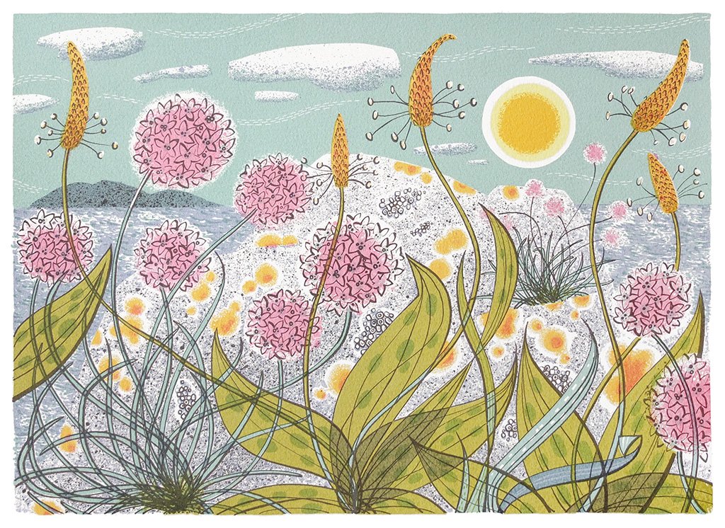 Stylized illustration of pink flower clusters and tall, slender plants against a light blue sky and rocky shoreline.