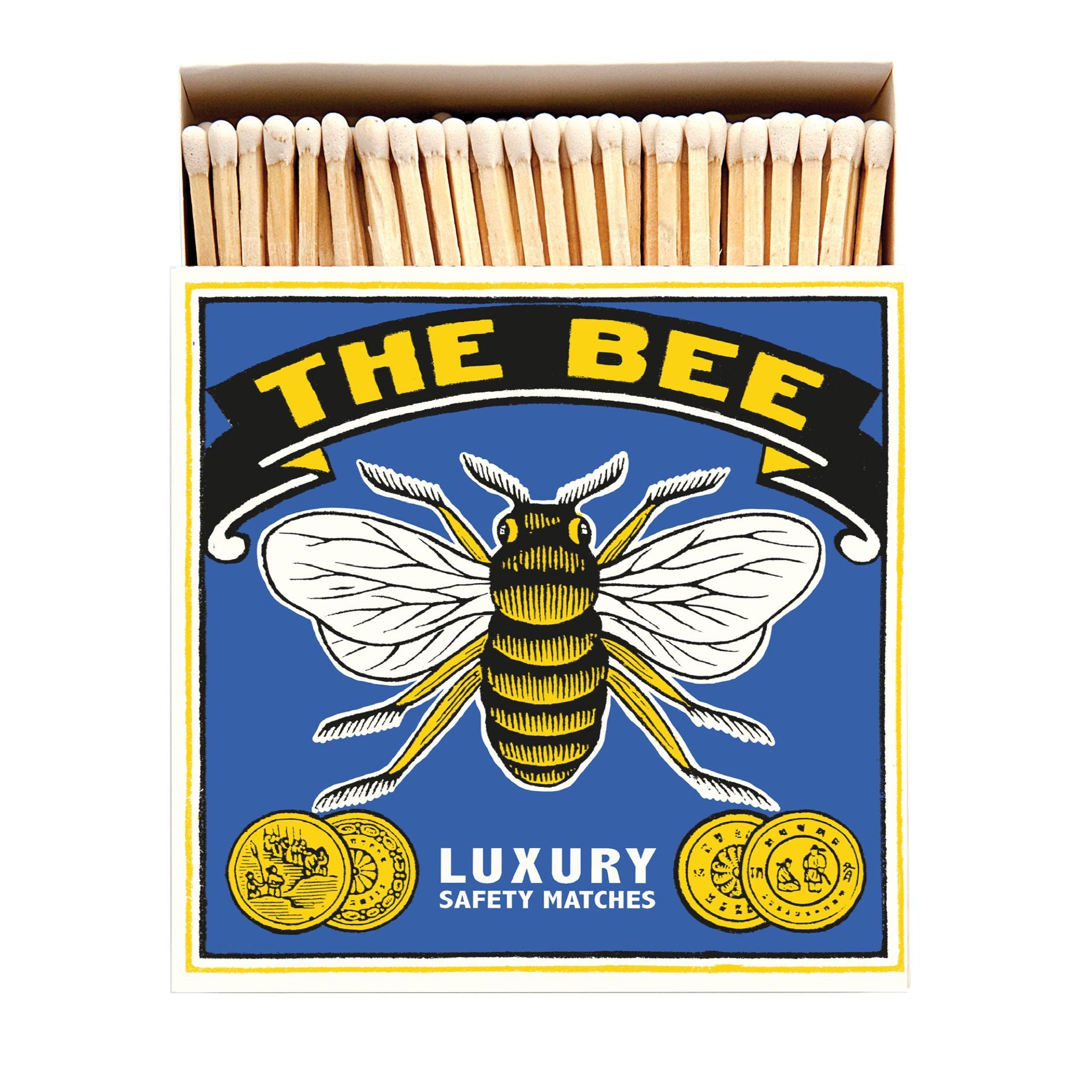 Box of "The Bee" luxury safety matches featuring a bee illustration on a blue background.