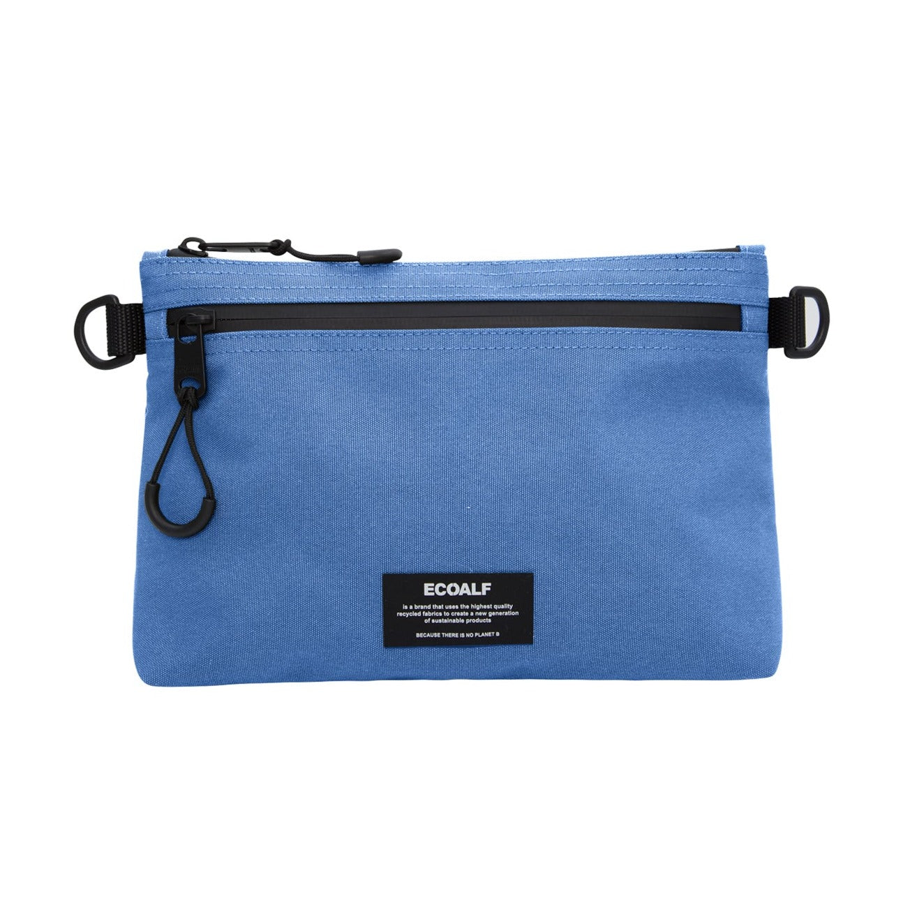 Blue zippered pouch with black zipper and accents, featuring a small Ecoalf logo.
