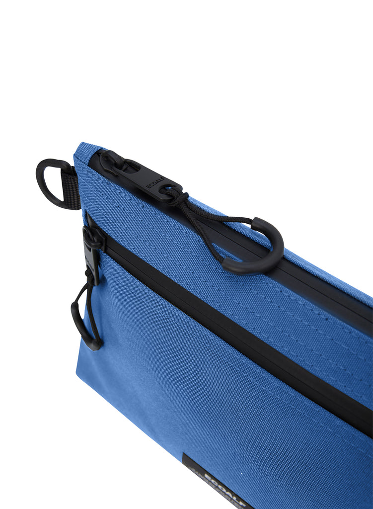 Blue Ecoalf bag with black zipper and detailing, showcasing a sleek and functional design.