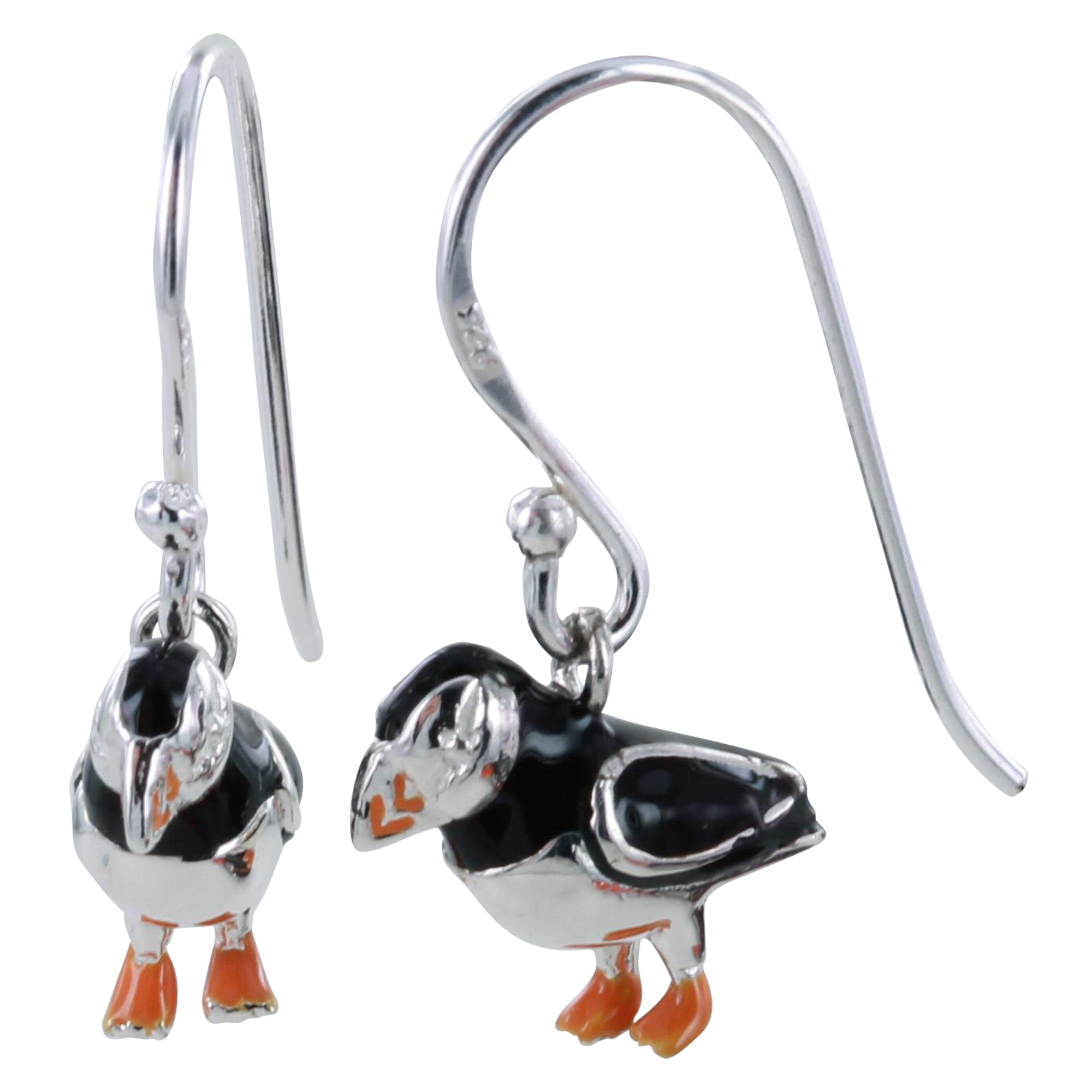 Pair of sterling silver puffin earrings.  Black and orange enamel detailing on the puffin charms.  Hook-style ear wires.