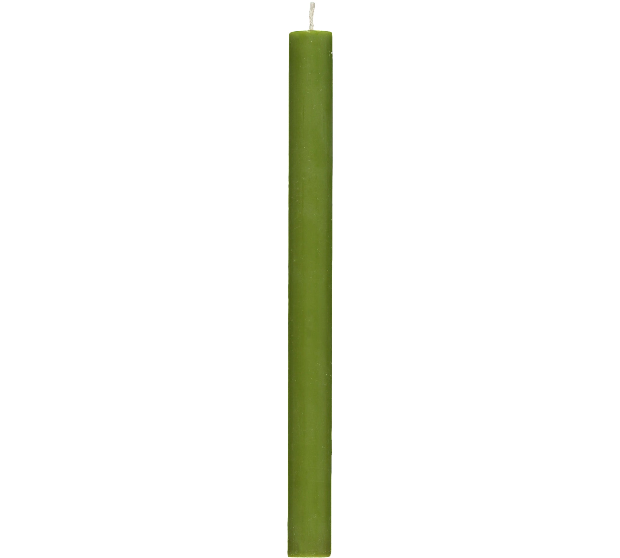 A tall, slender, olive-green candle with a visible wick.
