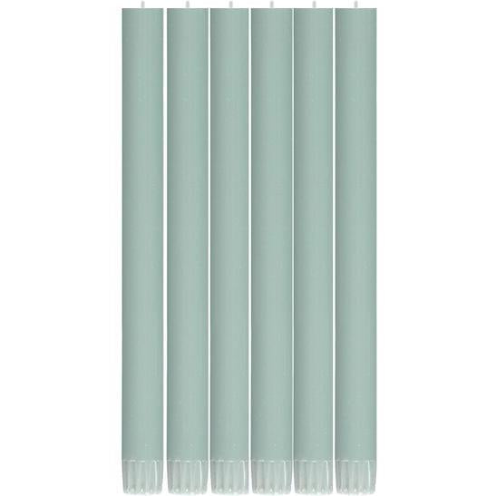 Six pale teal tall candles, arranged vertically.