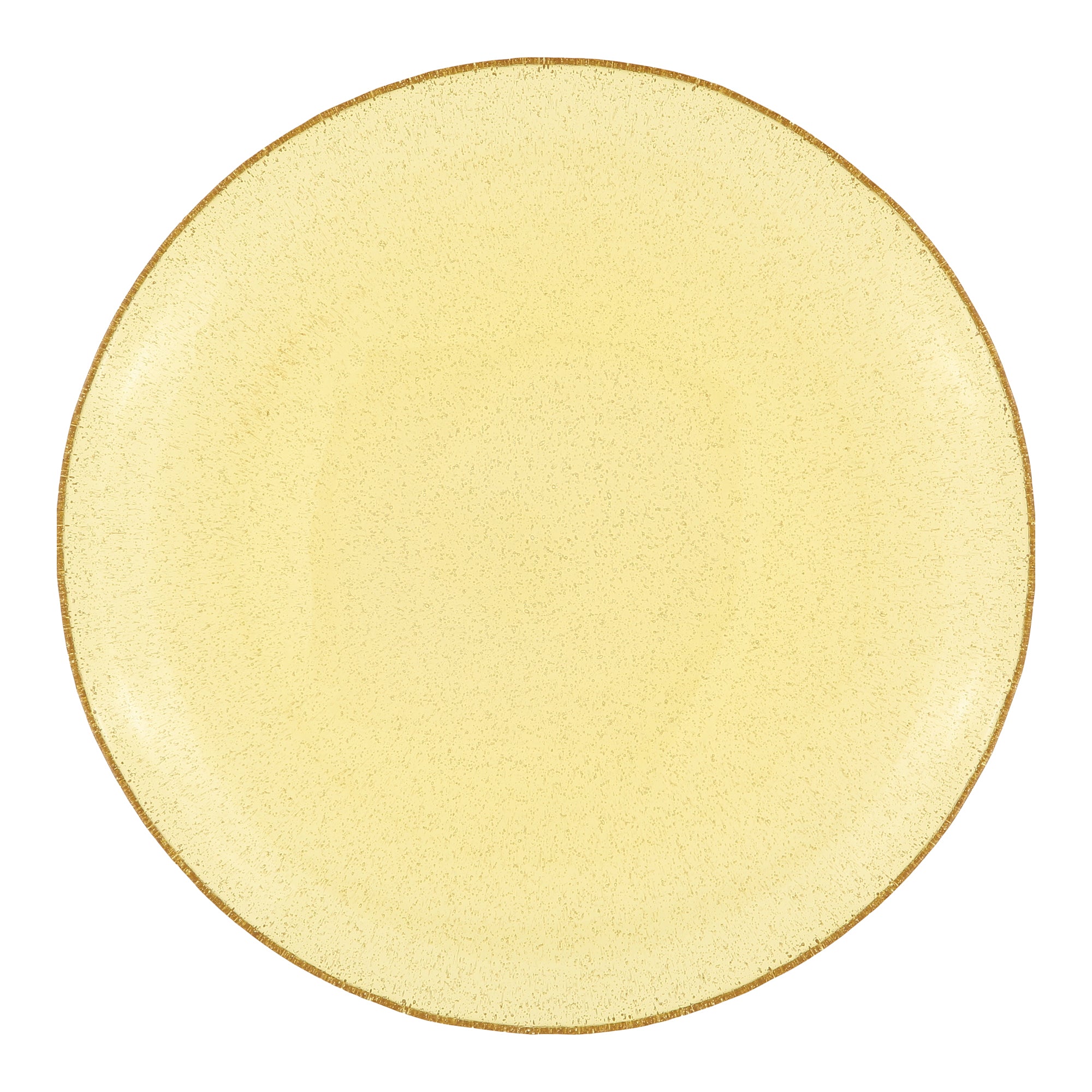 Pale yellow round plate with a textured surface and a gold-toned rim.