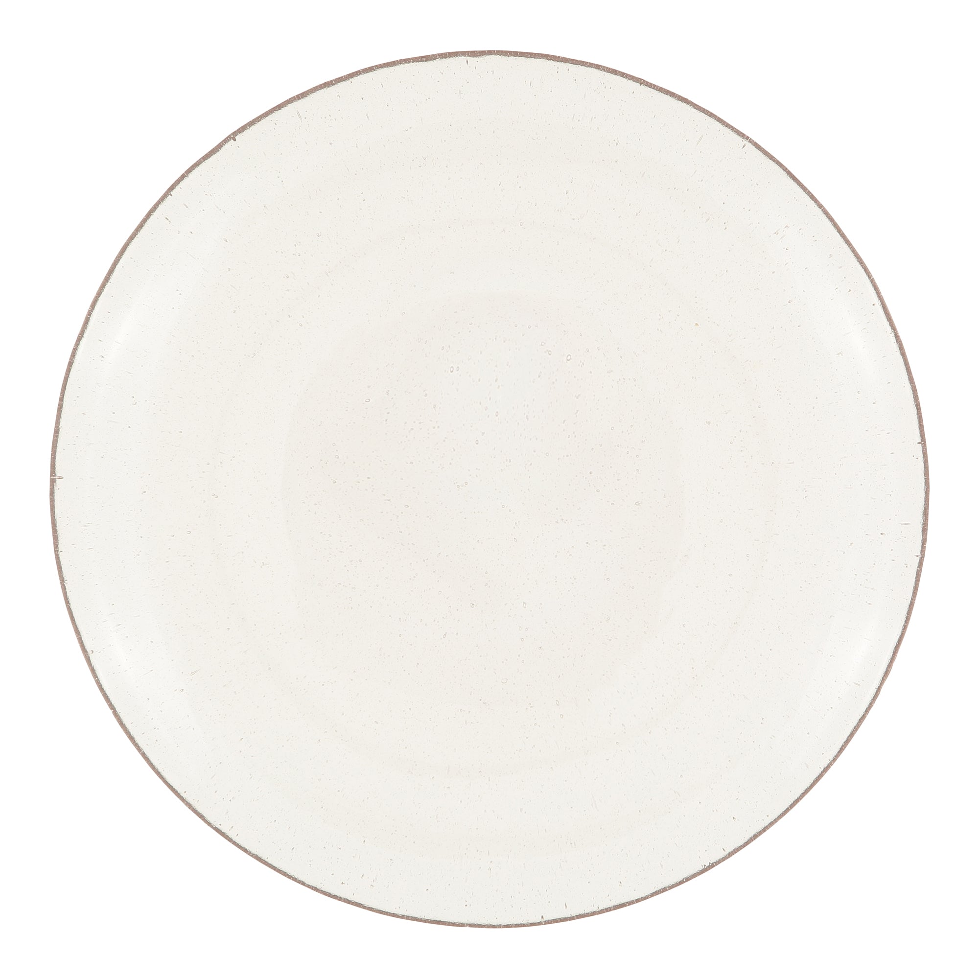 Off-white round plate with a speckled texture and a subtle brown rim.