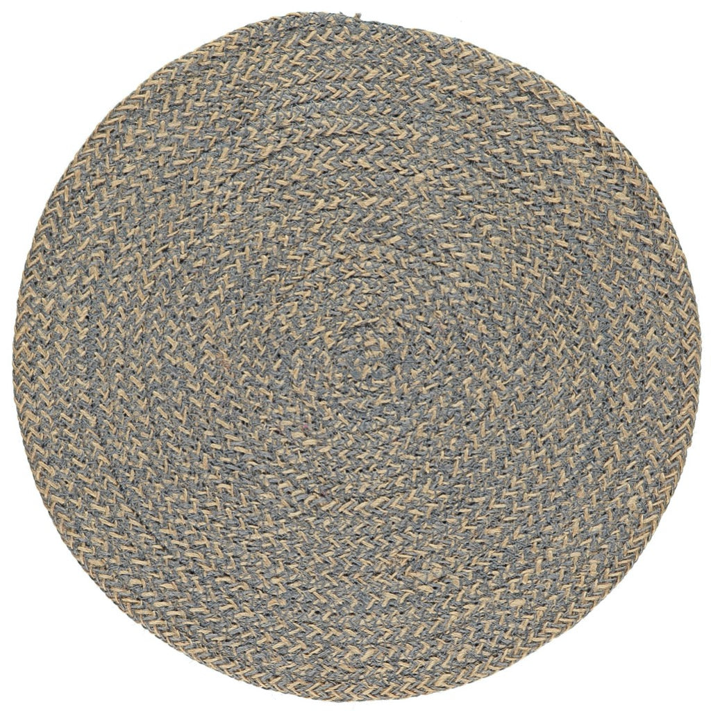 Round jute placemat in grey and beige, woven in a concentric circular pattern.