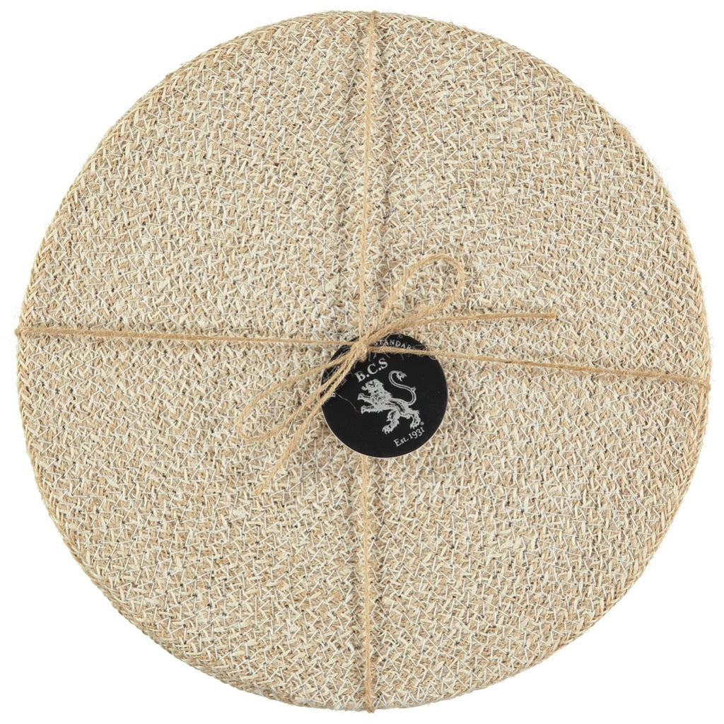 Set of round beige placemats with a woven texture, tied with twine.