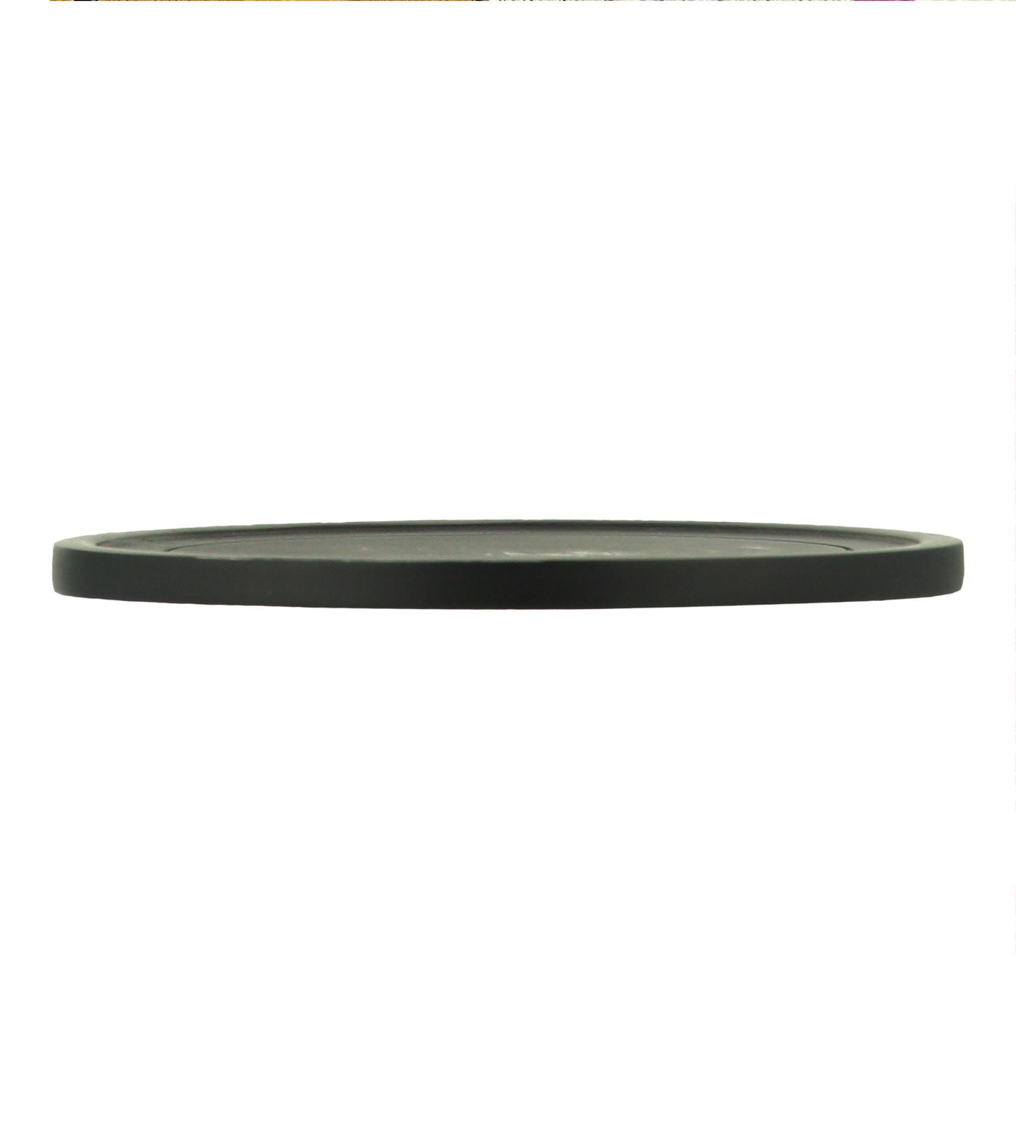 Dark gray, circular tray or platter with a slightly raised edge, viewed from the side.