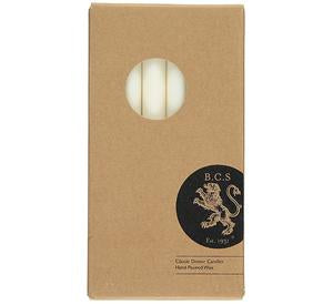 Box of three classic dinner candles, off-white, hand-poured.