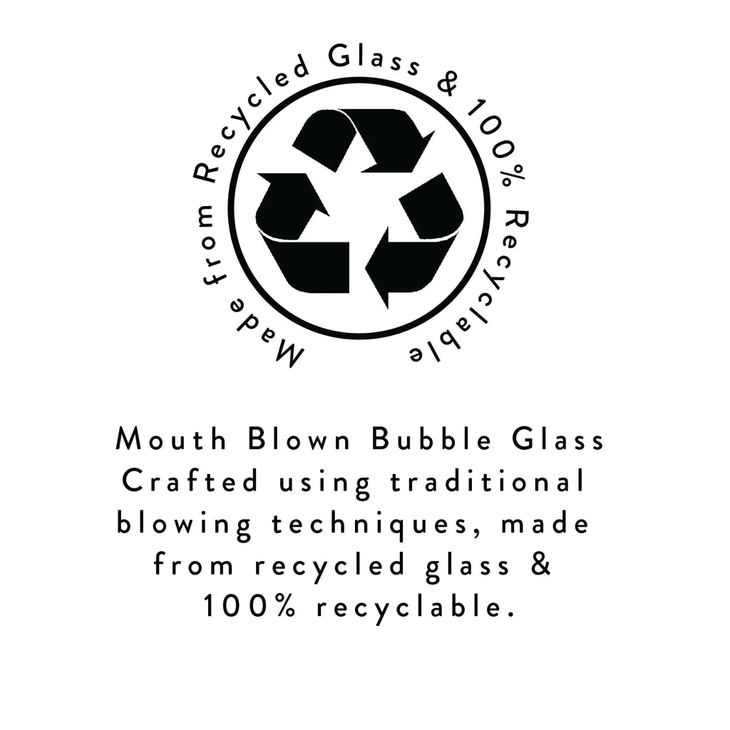 Recycled glass logo and statement, which reads ‘Mouth Blown Bubble Glass Crafted using traditional blowing techniques, made from recycled glass & 100% recyclable.’