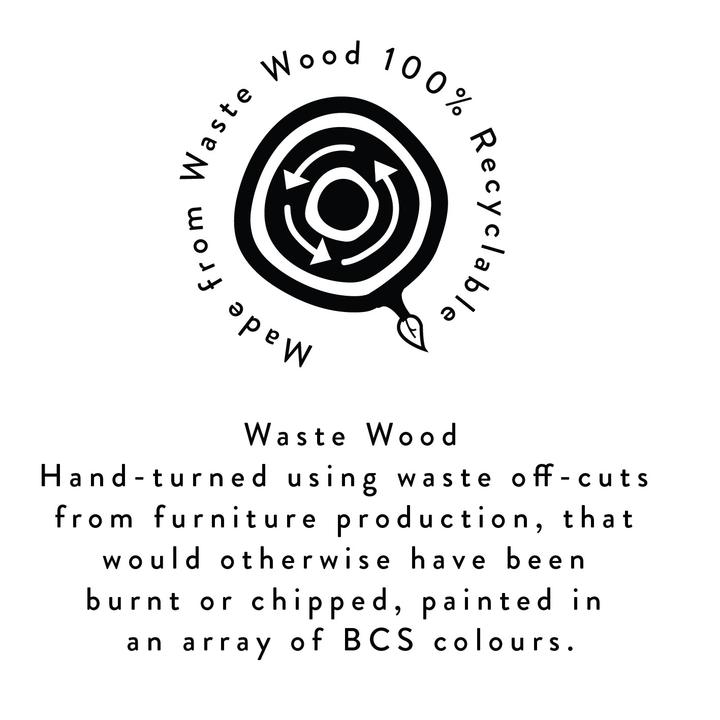 ‘Made from Waste Wood’ logo and statement, which reads, ‘Waste Wood, Hand-turned using waste off-cuts from furniture production, that would otherwise have been burnt or chipped, painted in an array of BCS colours.’