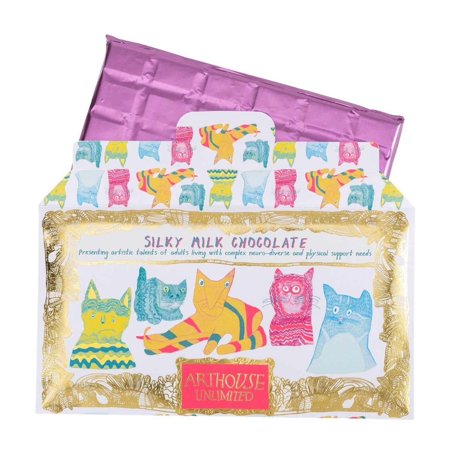 Silky milk chocolate bar in purple foil wrapper, featuring colorful cat illustrations on the packaging.