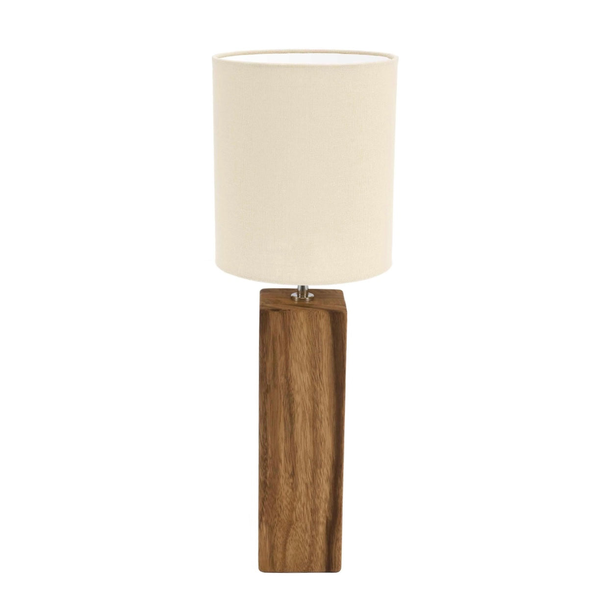 Modern table lamp with a beige fabric shade and a dark brown, rectangular wooden base.