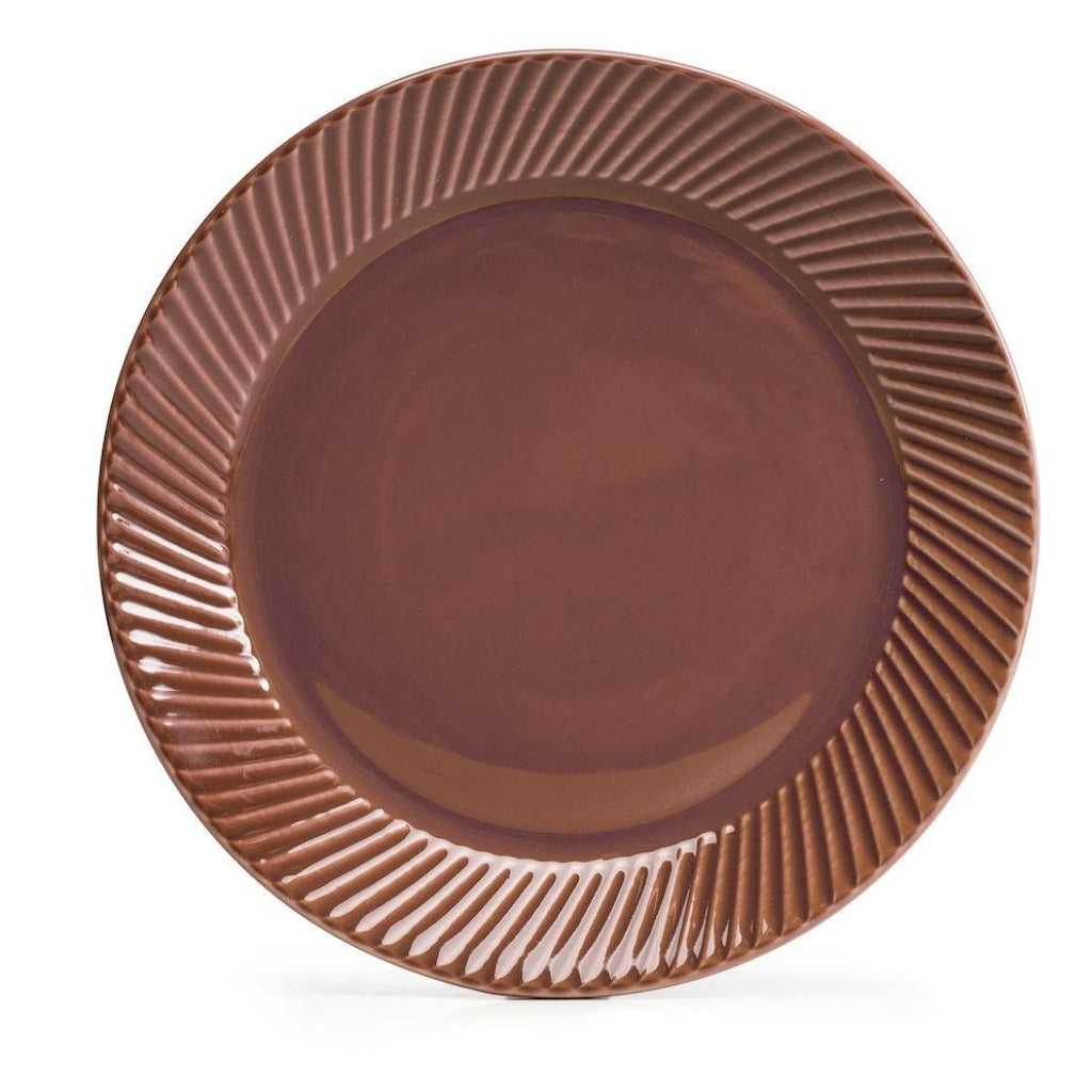 A dark brown round dinner plate with a ribbed edge.