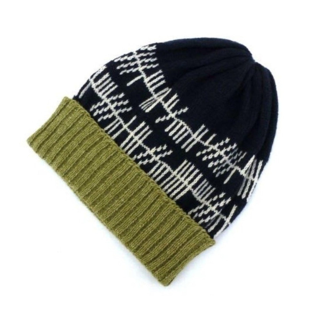 Navy blue knit beanie with an olive green cuff and a white and off-white geometric pattern.
