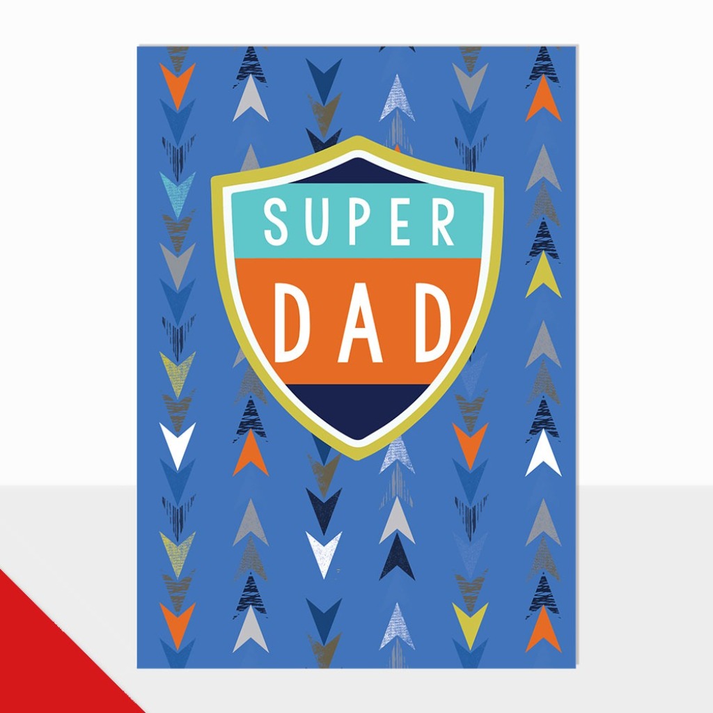 Father's Day card featuring a shield with "SUPER DAD" in colorful text on a blue background with arrow patterns.
