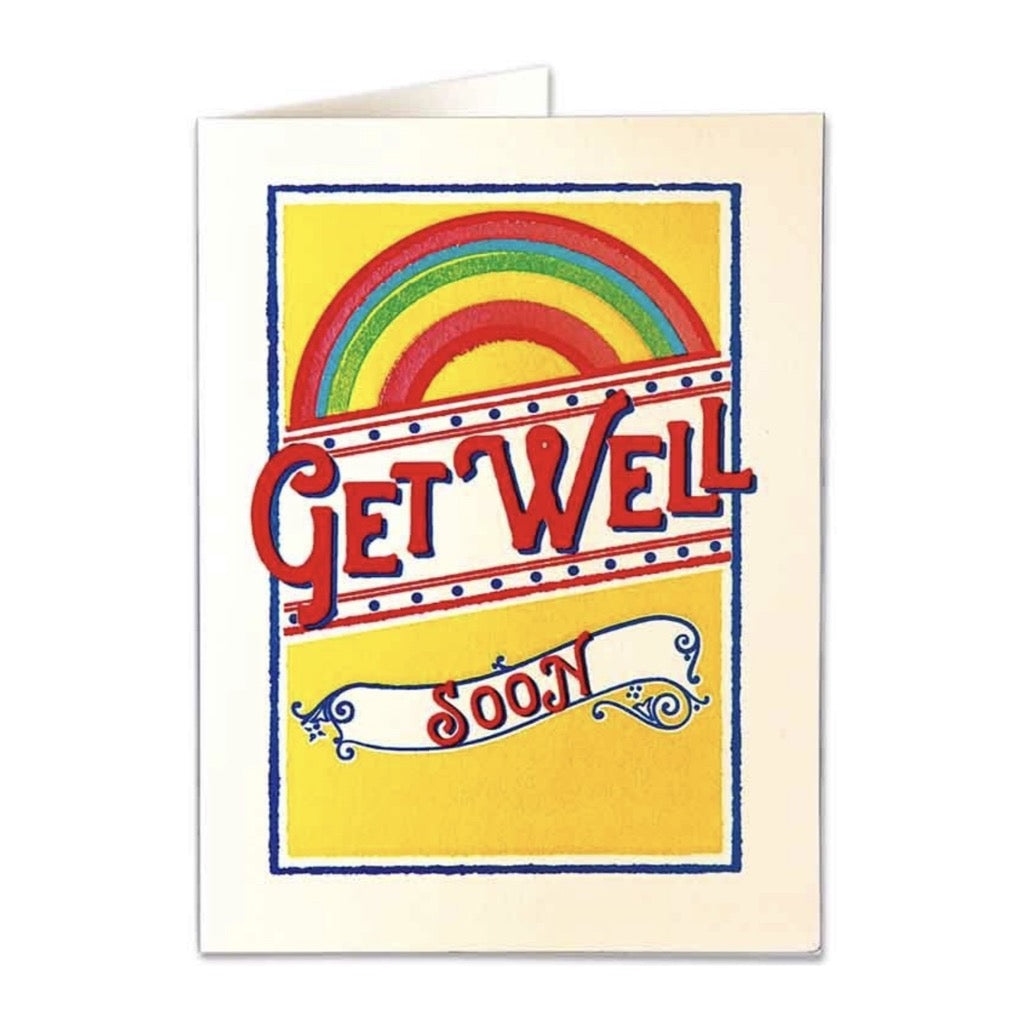 Get Well Soon card featuring a retro-style rainbow and stylized lettering.