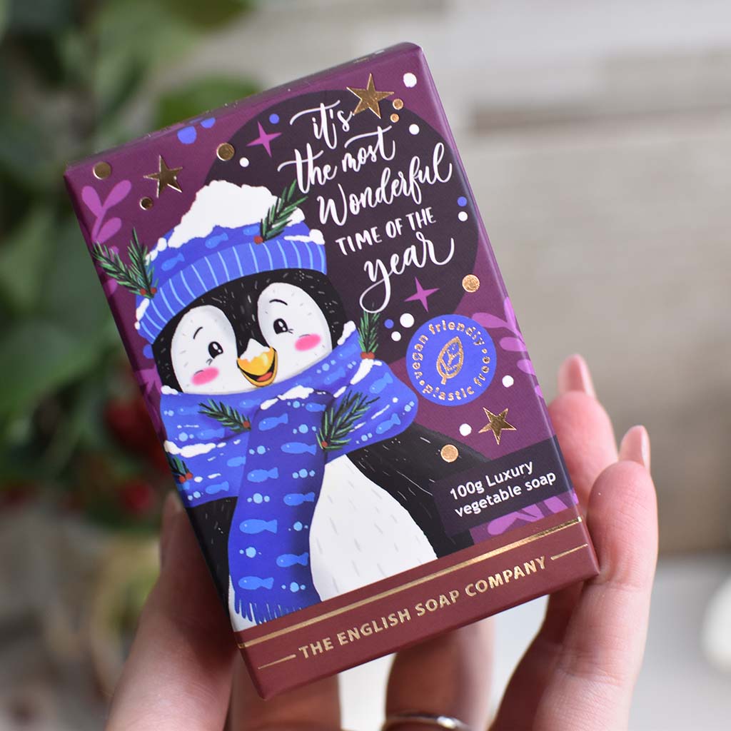 100g luxury vegetable soap bar from The English Soap Company; purple box features a cartoon penguin wearing a blue scarf,
