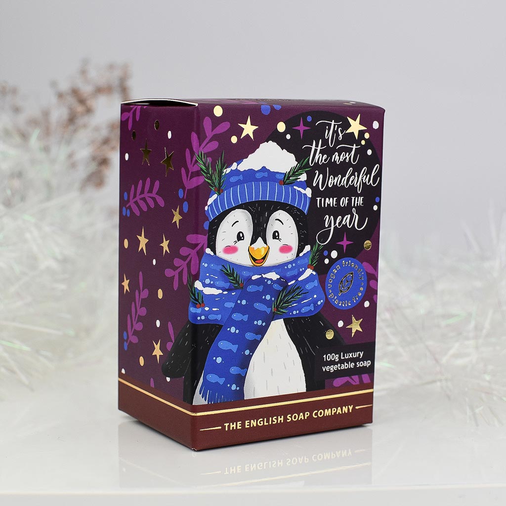 100g luxury vegetable soap box featuring a festive penguin design.