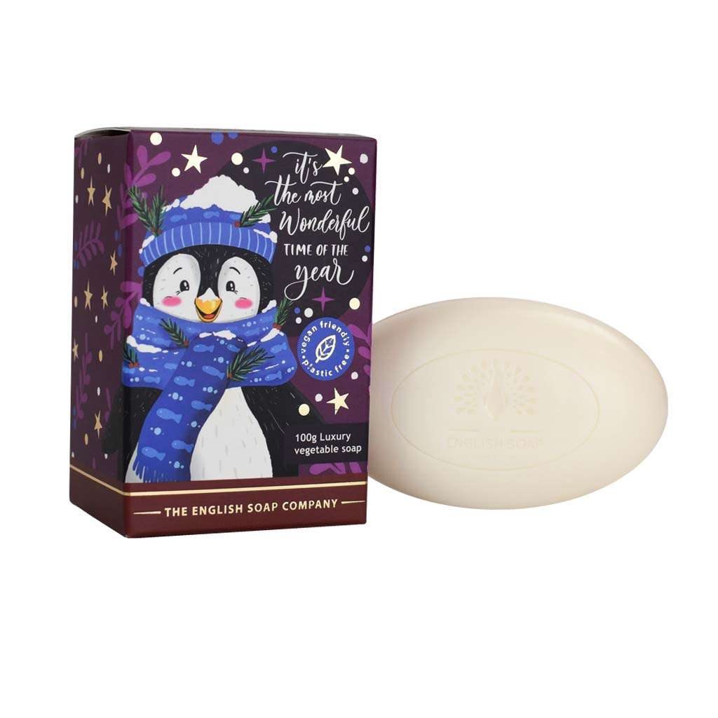 100g The English Soap Company luxury vegetable soap bar in festive penguin packaging.  Vegan and plastic-free.