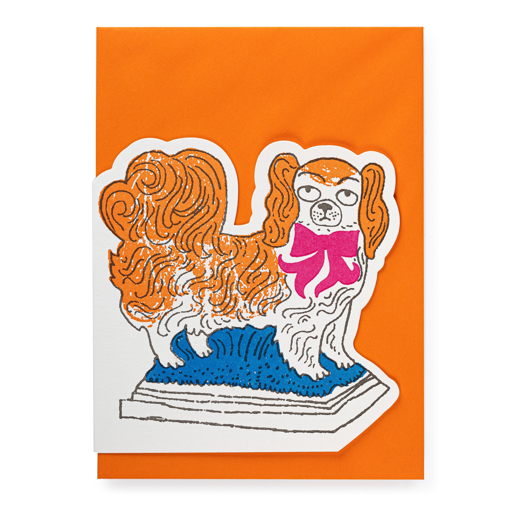 Orange Pekingese dog illustration on a white card, wearing a pink bow, perched on a blue base.