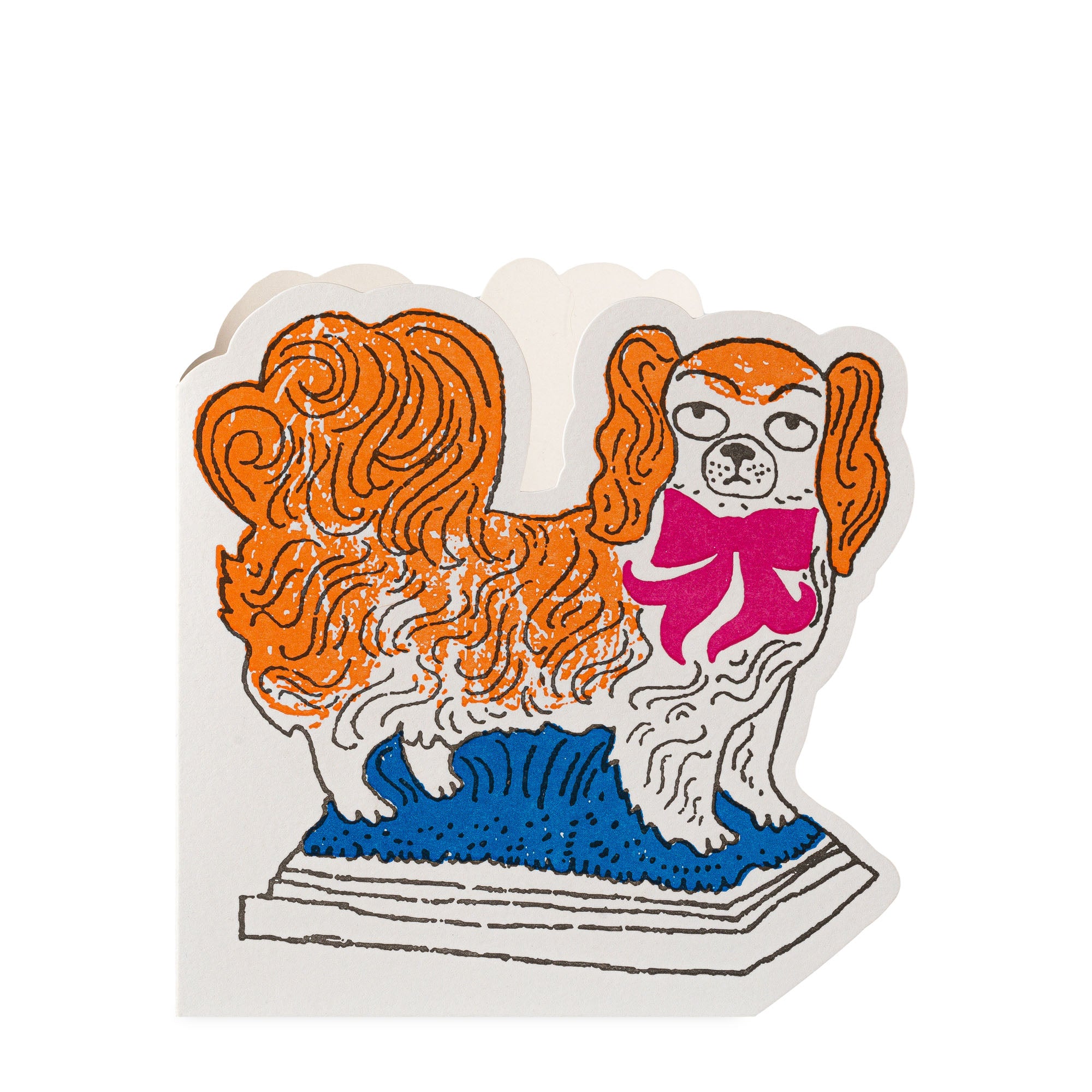 Greeting card featuring a stylized illustration of a dog with orange fur, a pink bow, standing on a blue base.