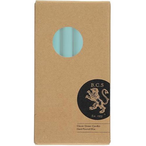 Box of light teal classic dinner candles; hand-poured wax.