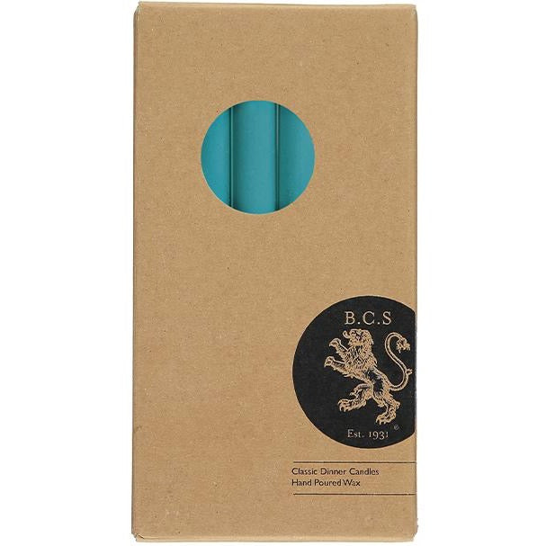 Box of teal classic dinner candles, hand-poured wax.