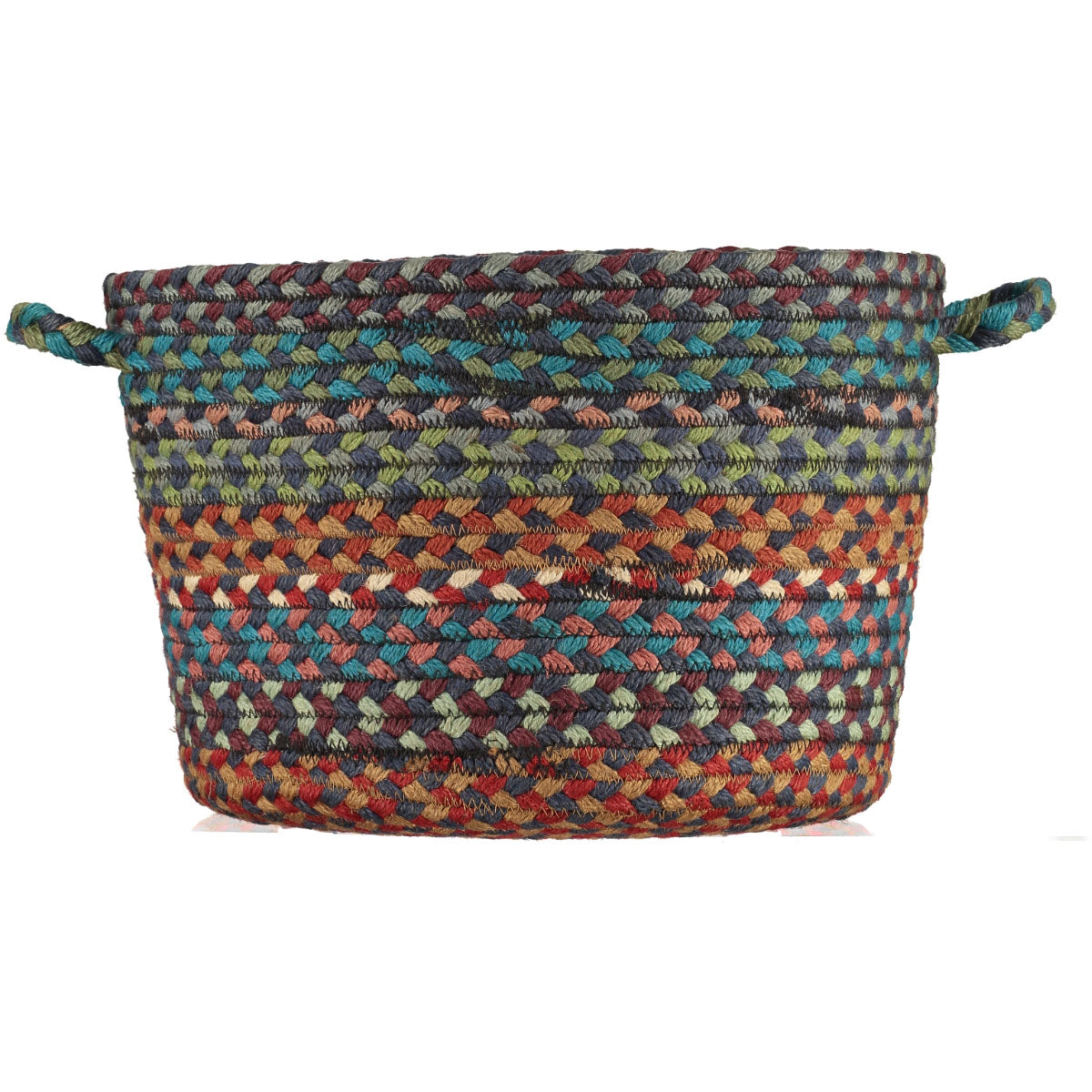 Multicolored braided jute storage basket with two handles.