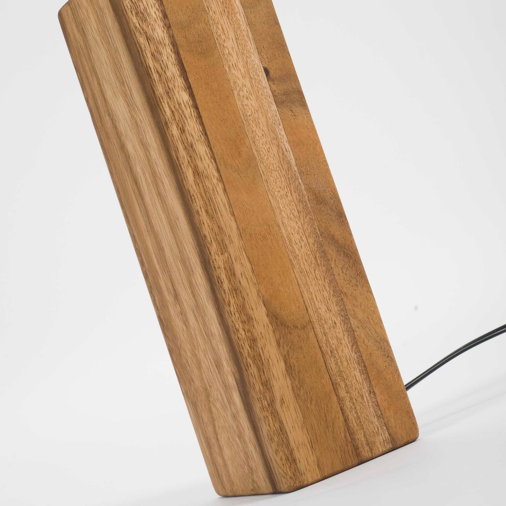 Light brown wooden table lamp base with visible wood grain and a black cord.