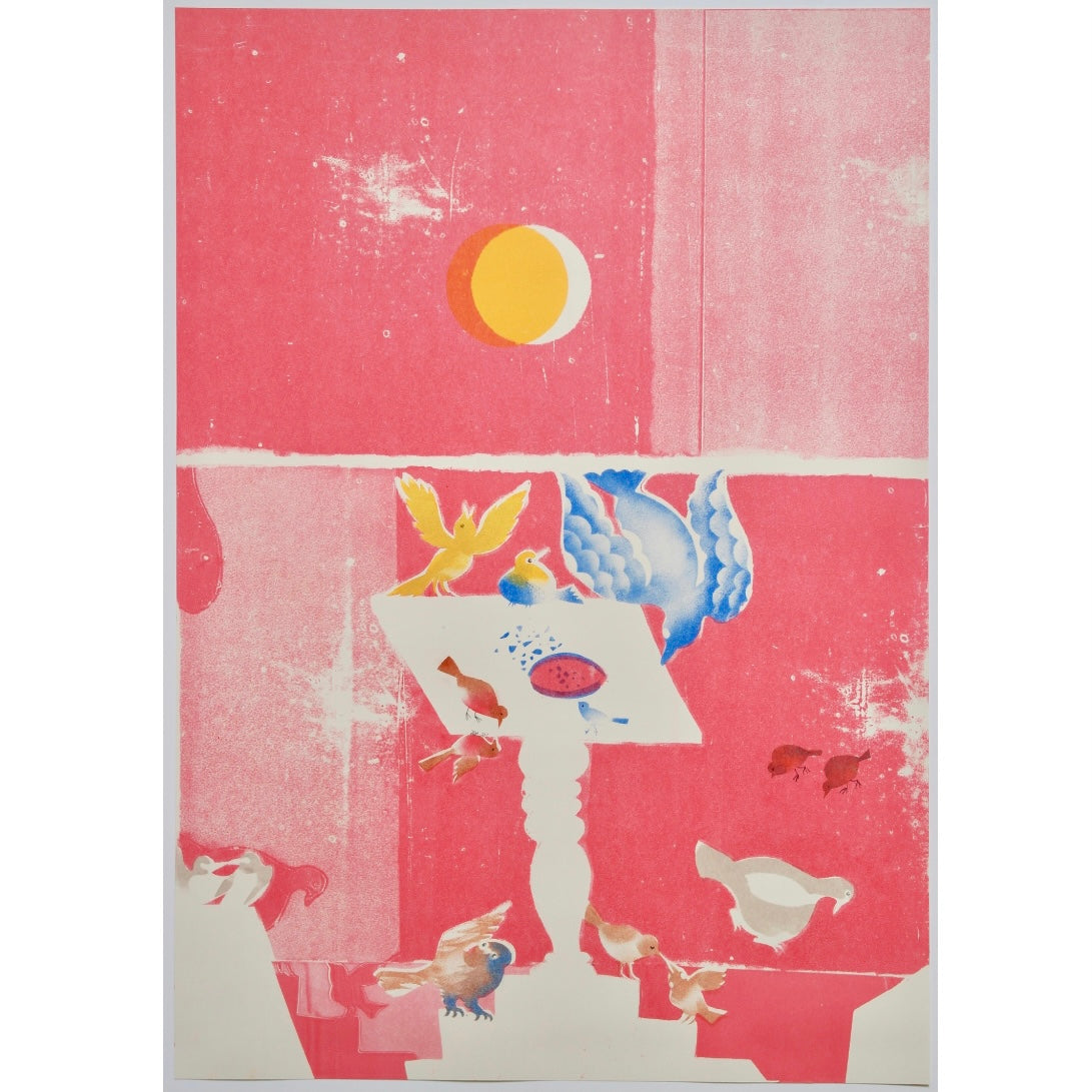 Abstract print of birds gathered around a pedestal table with fruit, set against a pink background featuring a stylized sun.