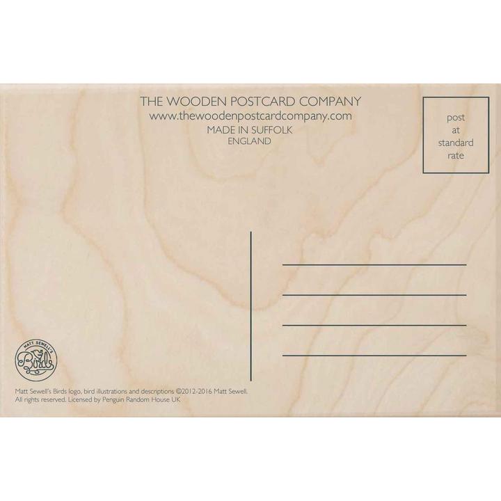 Wooden postcard with address space, made in Suffolk, England.  Features company logo and copyright information.