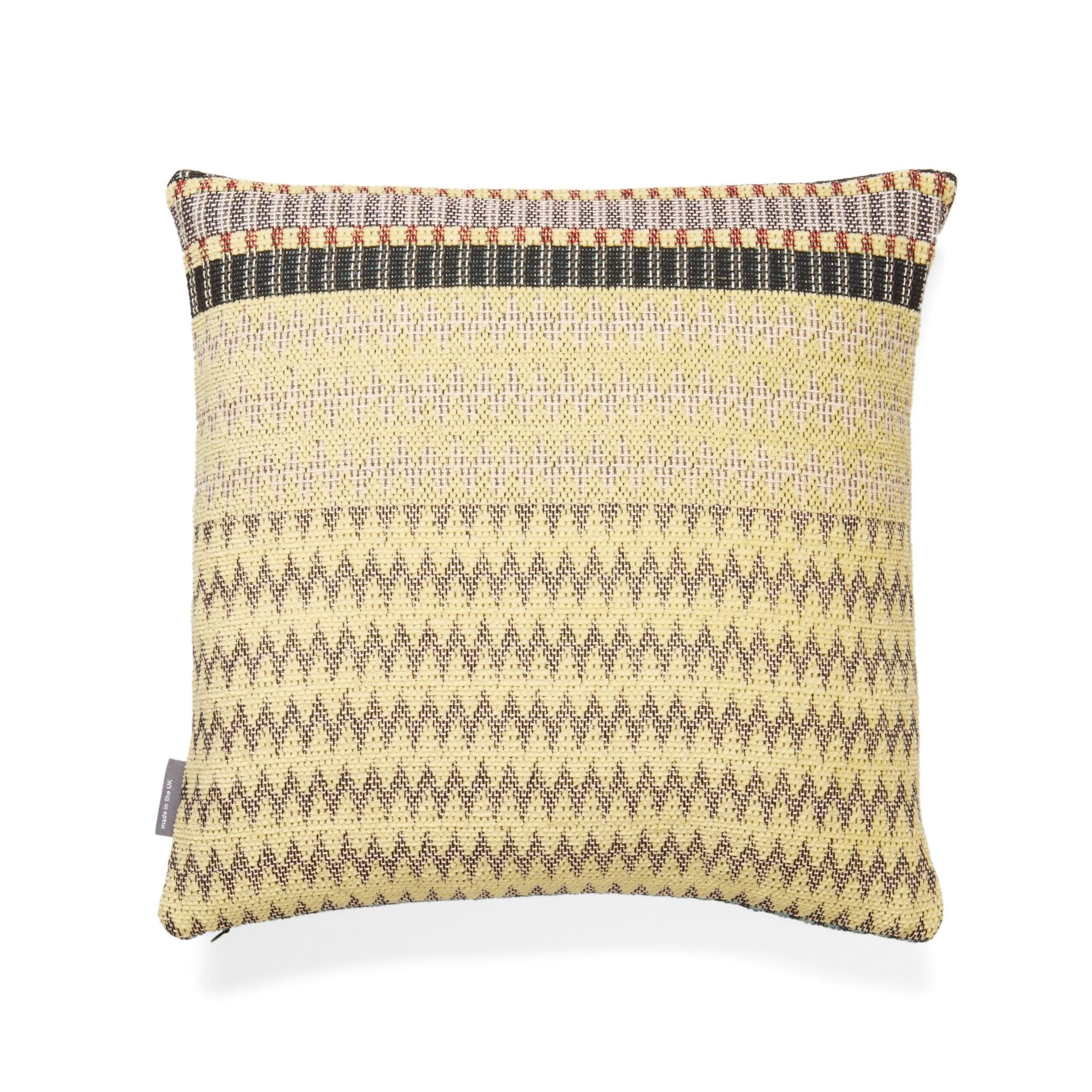 Pale yellow square cushion with a textured woven pattern featuring brown zigzags and bands of darker stripes.