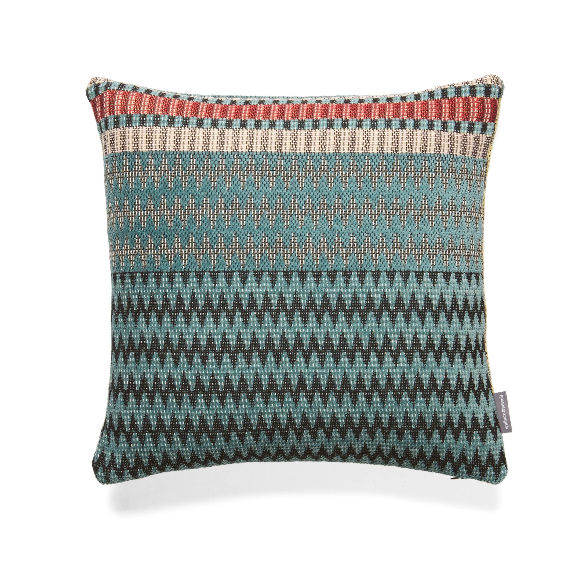Teal and black patterned square cushion with woven texture and multicolored border.