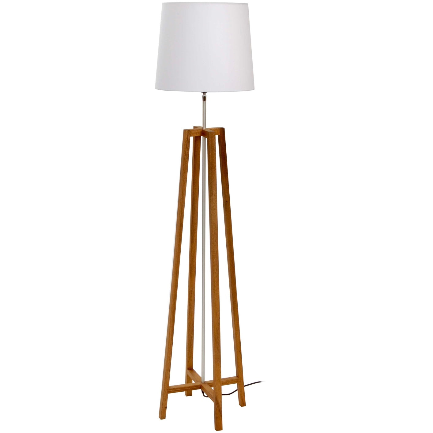 Tall wooden tripod floor lamp with a white fabric shade.